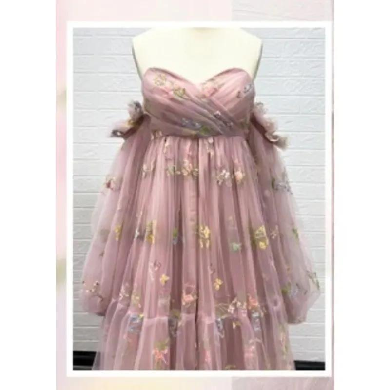 Robe de soirée de maternité sexy – Robe de soirée à fente haute avec broderie florale et manches bou