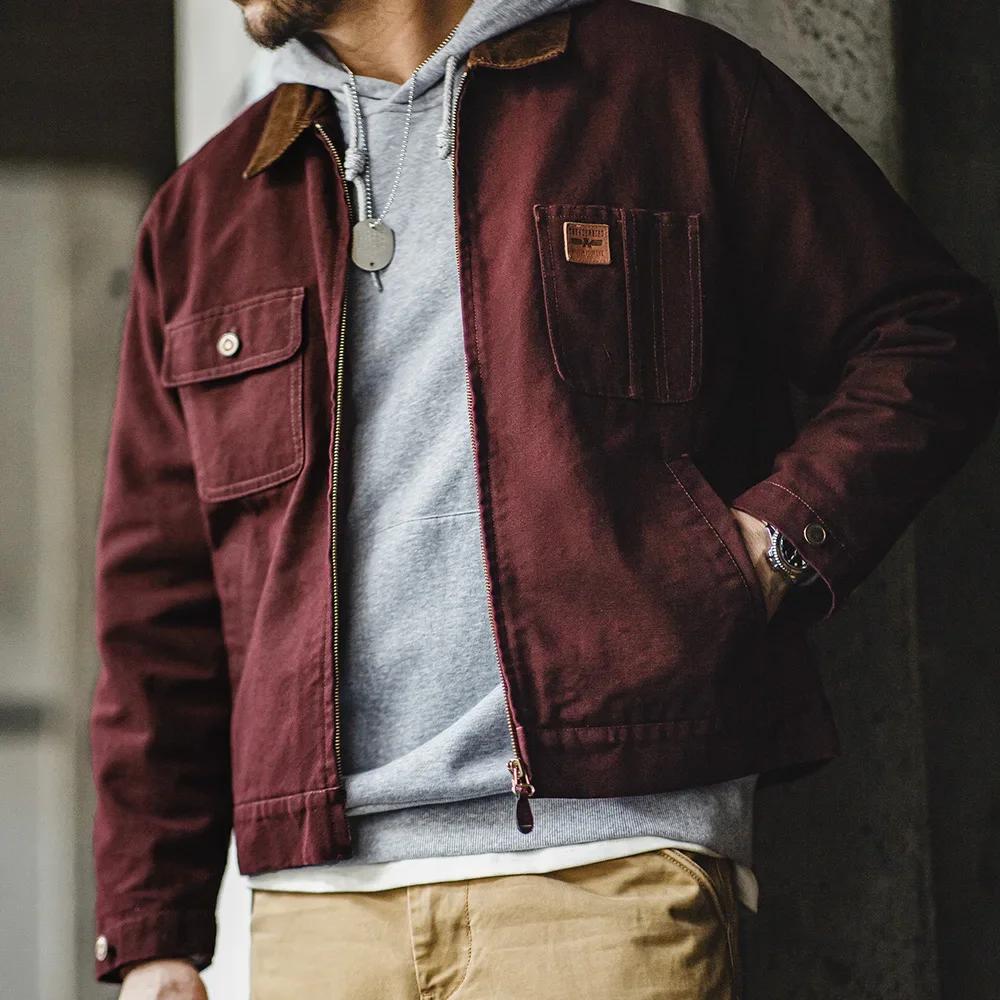 Maden-Veste en toile épaisse rétro pour homme, veste zippée courte avec poches, col en velours côtel