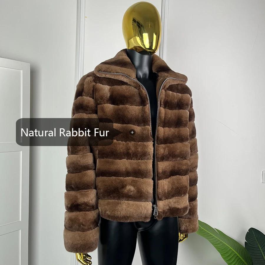 Veste en fourrure de lapin Rex véritable avec fermeture éclair, manteau en fourrure de chinchilla av