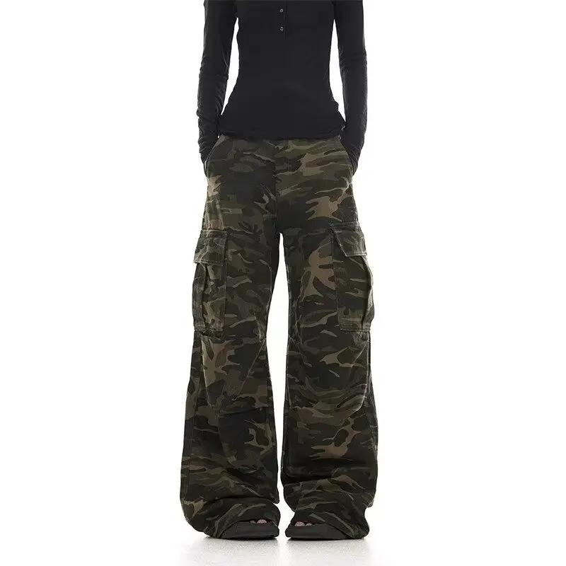 Pantalon de travail camouflage au design délavé rétro américain pour hommes et femmes, jambe droite 