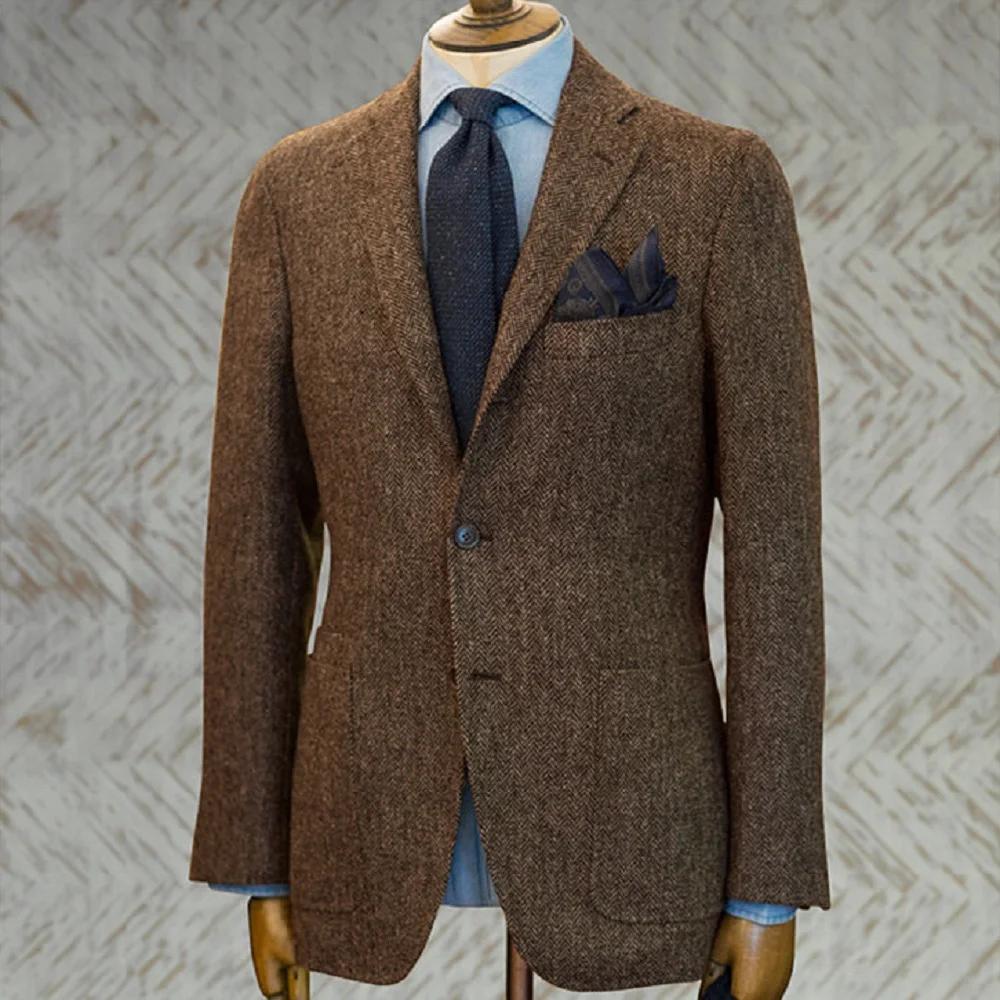 Costume pour hommes, Blazer marron, Tuxedos de bal, laine à chevrons, Tweed, simple boutonnage, vest