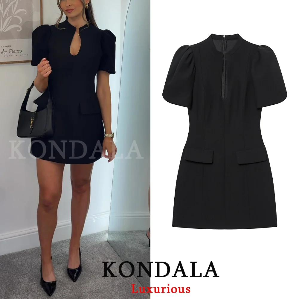 KONDALA Robe Courte Chic et Élégante pour Femme, Noire, Col Rond, Fermeture Éclair, Manches Courtes 