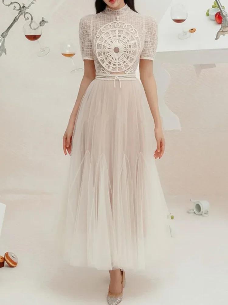 SMTHMA-Robe longue en maille brodée pour femme, col rond, manches courtes, patchwork, robes élégante