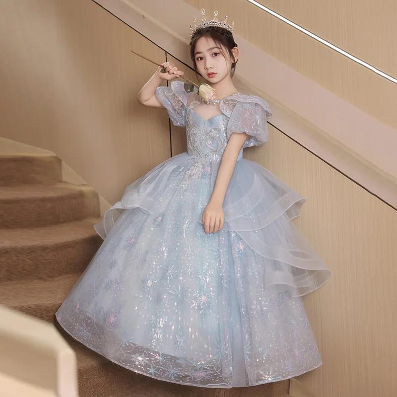 Robe de princesse bleue haut de gamme pour filles, robe de bal bouffante de luxe en Tulle, robe de s