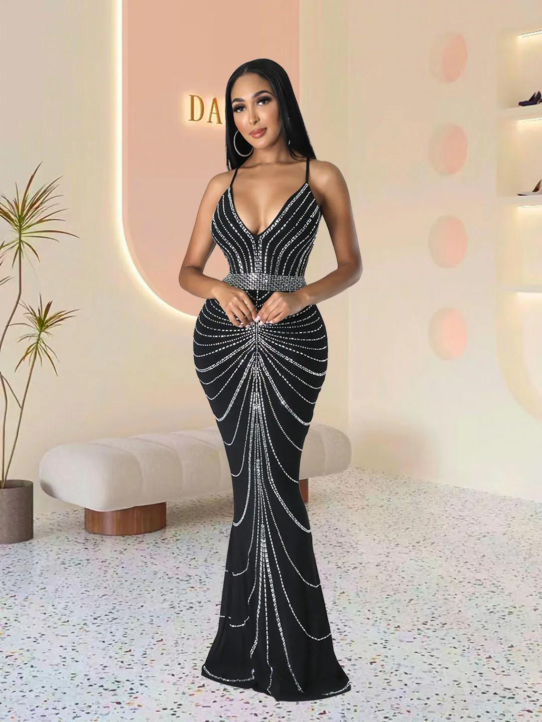 Robe de soirée longue pour femmes, paillettes, diamant chaud, bretelles de fête, dos qui fuit, sirèn