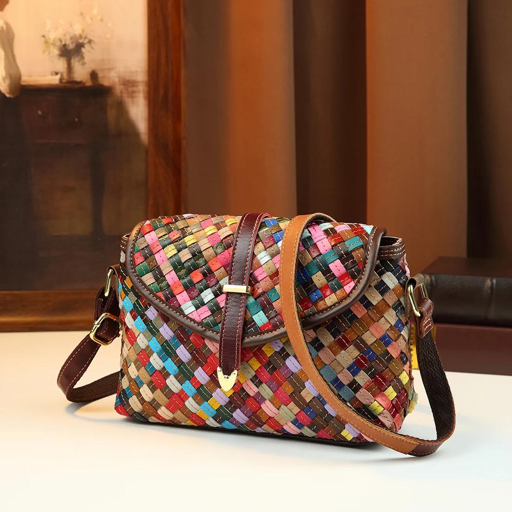 Sac bandoulière bohème en cuir véritable tissé à la main pour femme, style ethnique, sac à bandouliè