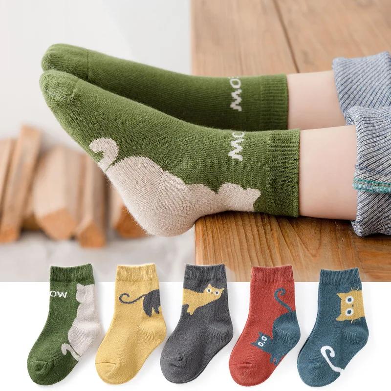 5 paires de chaussettes pour enfants, motif de chat de dessin animé, confortables et respirantes, po