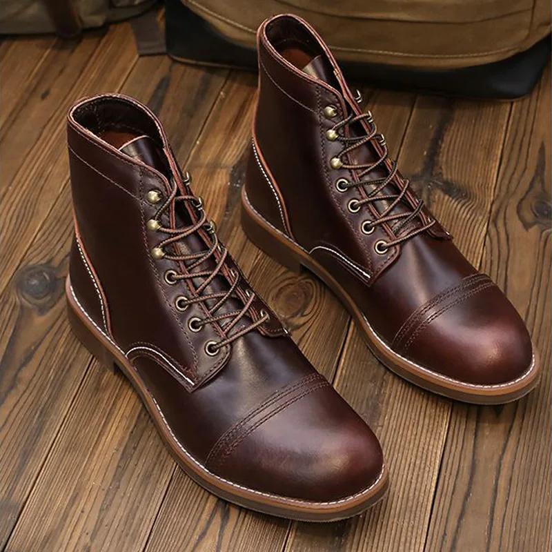 Amekaji Bottes de moto en cuir vintage, bottes du désert à bout pointu véritable avec semelle épaiss