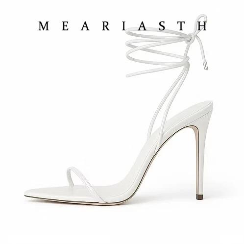 Sandales d'été blanches et noires à lacets pour femmes, chaussures à talons hauts en cuir, talons ai