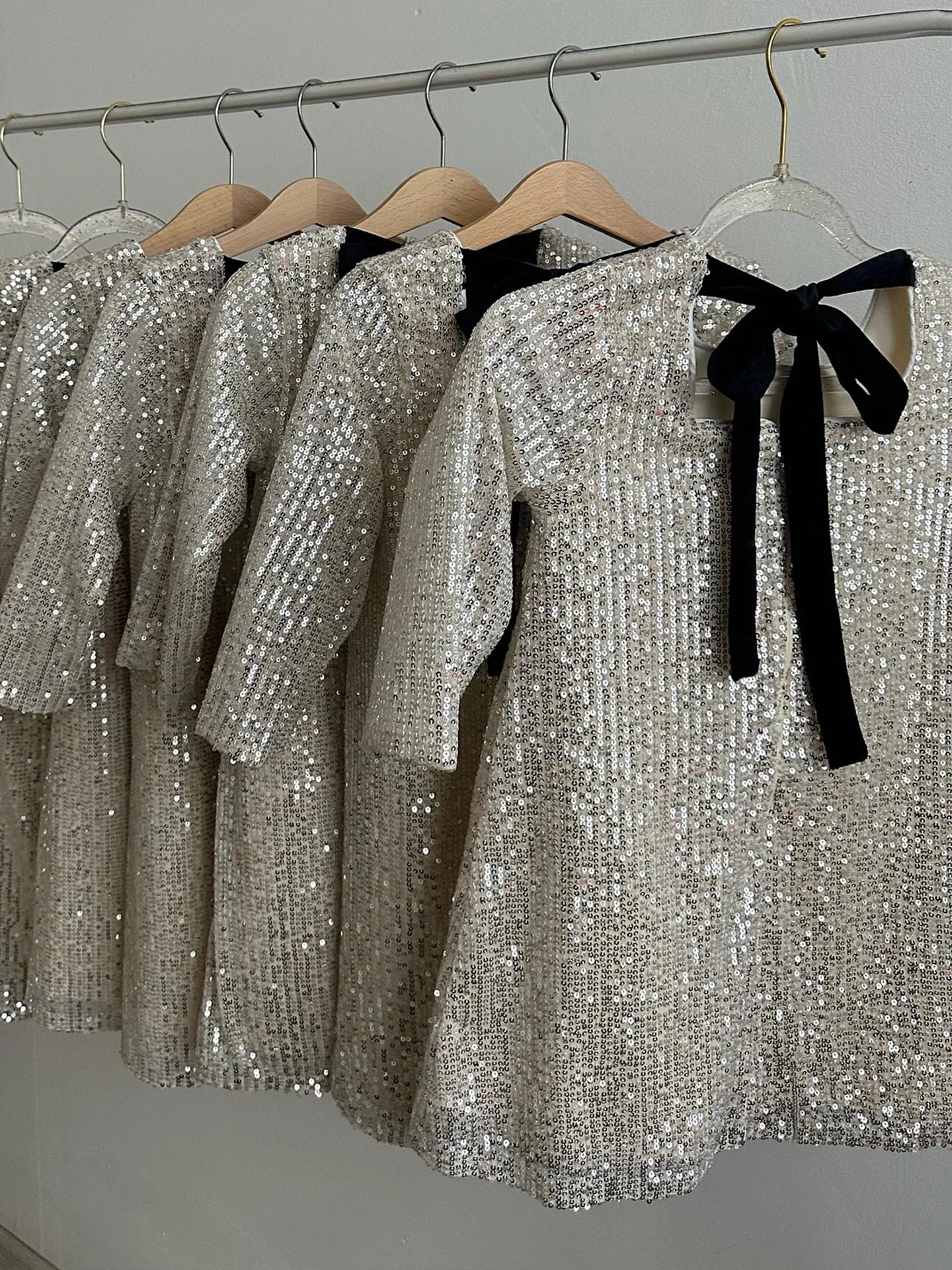 HETISO – robe de soirée élégante à manches longues, paillettes argentées, avec nœud papillon noir, r