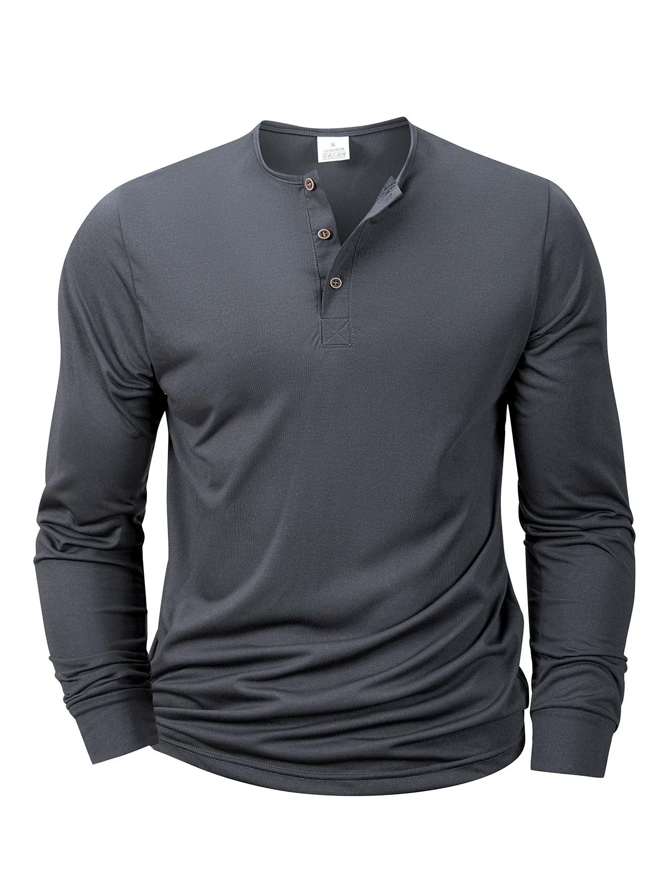 Nouveaux hommes Henley T-shirts à manches longues basique décontracté col de bande T-shirts conforta