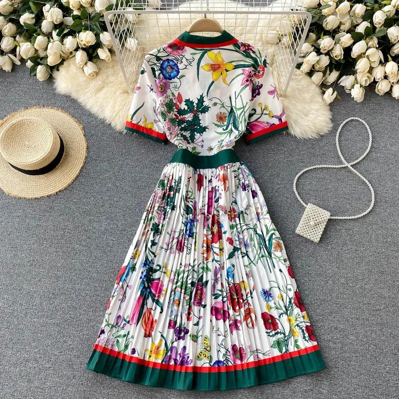 Robe Midi plissée à manches courtes pour femmes, chemise à col superposé, imprimé floral, Slim, tenu
