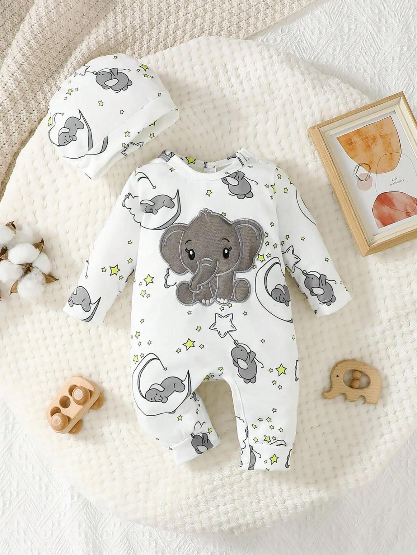 Barboteuse à manches longues avec chapeau, 2 pièces, motif d'éléphant de dessin animé mignon pour bé