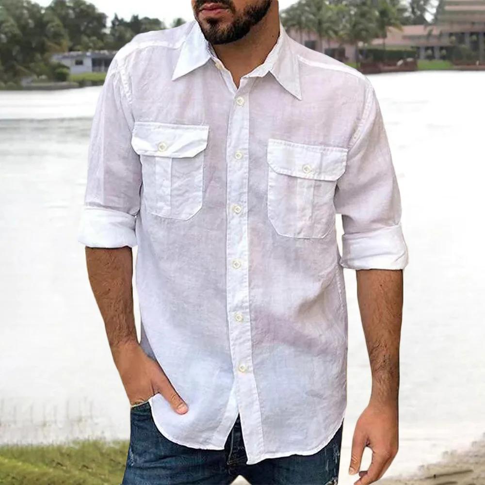 Chemise en coton et lin pour hommes, manches longues, couleur unie, hauts décontractés, revers, Doub