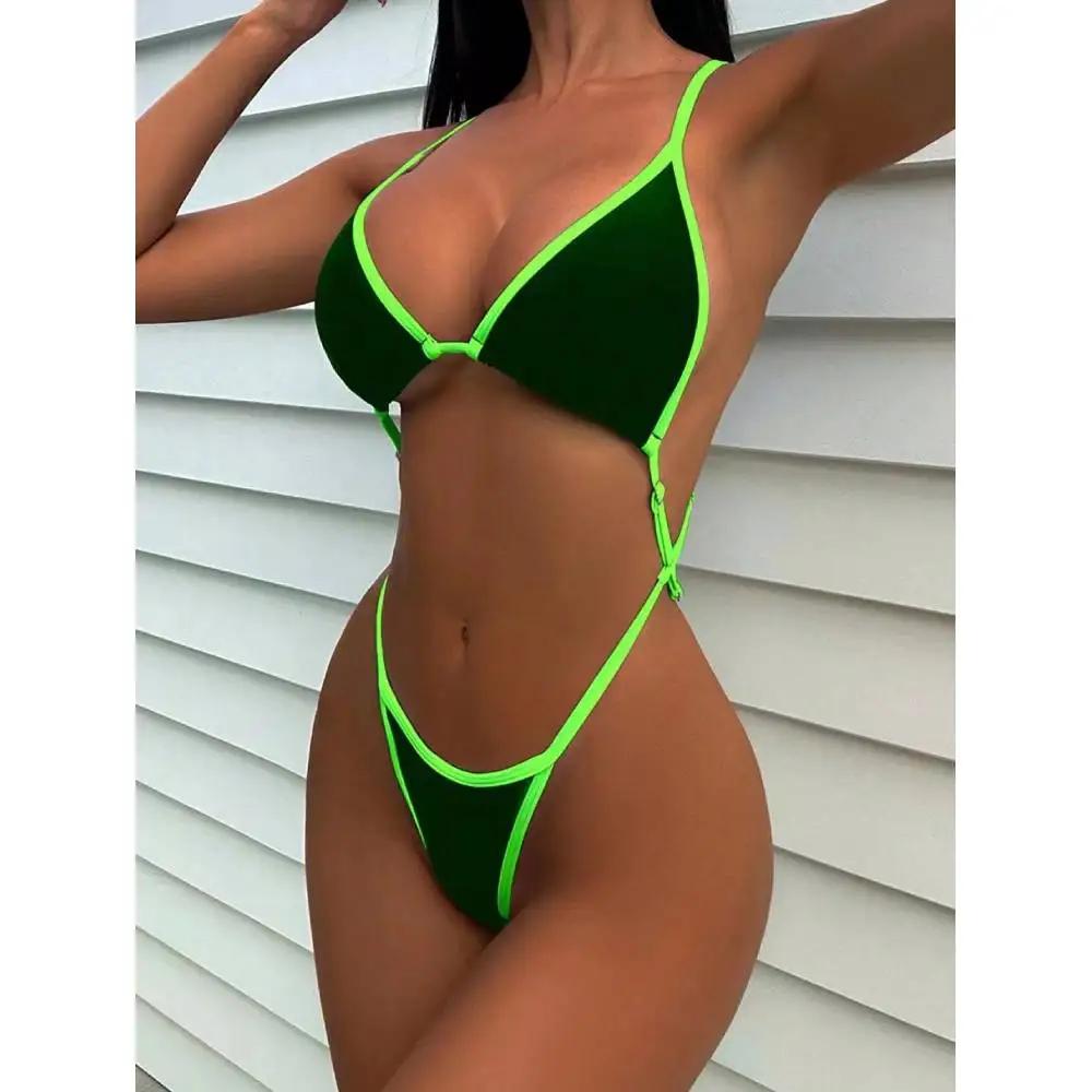 Cikini Summer Beach Maillot de bain une pièce avec bordure contrastée et col licou pour femme - Mail