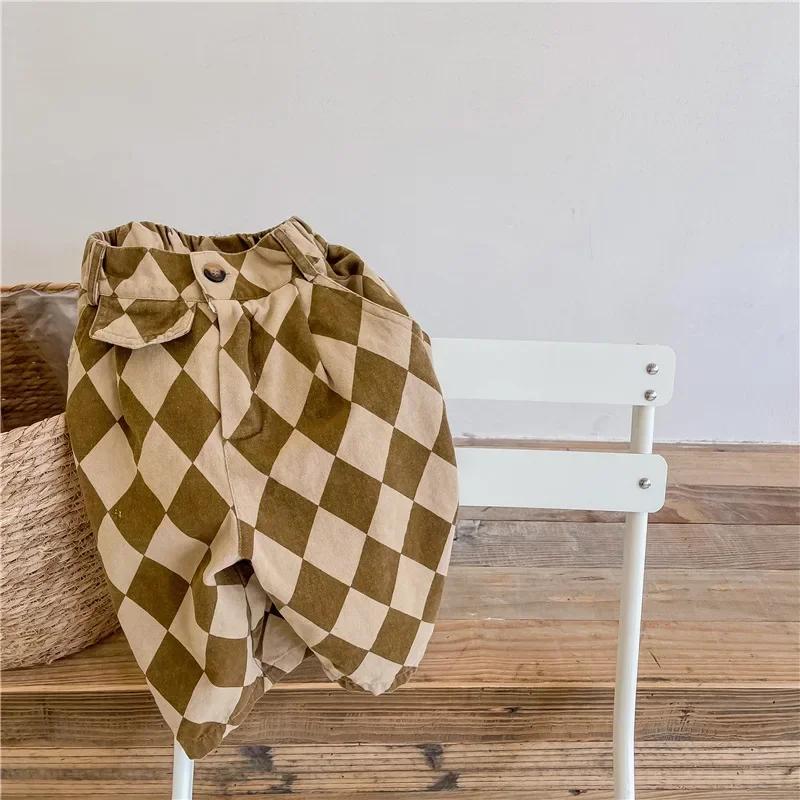 Pantalons Harem en coton lavé pour enfants de 1 à 7 ans, design à carreaux vintage, tendance japonai