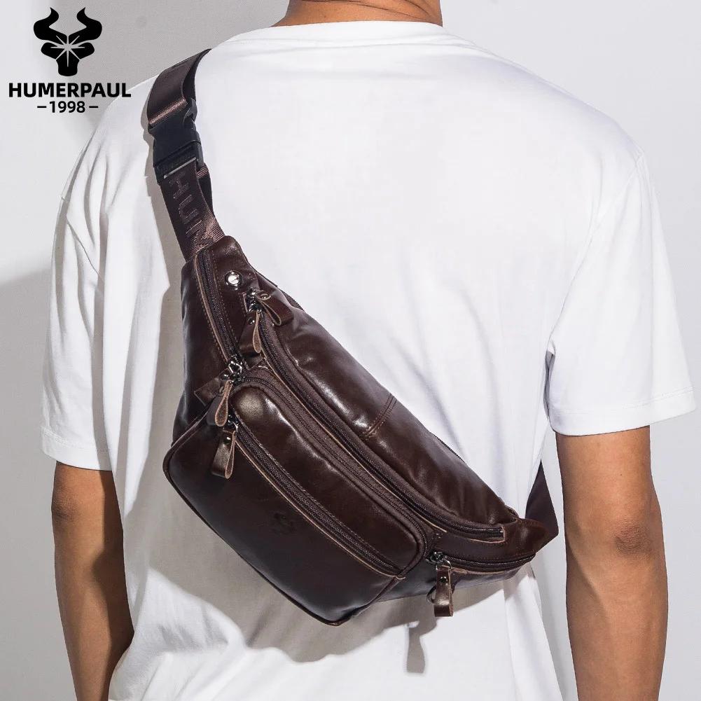HUMERPAUL-Sac de taille en cuir véritable pour homme, sac banane décontracté, sac de poitrine extéri