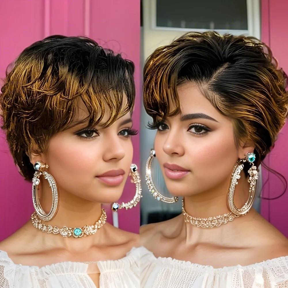 Perruque Lace Front Wig naturelle transparente, cheveux humains, coupe Pixie, ondulée naturelle, cou