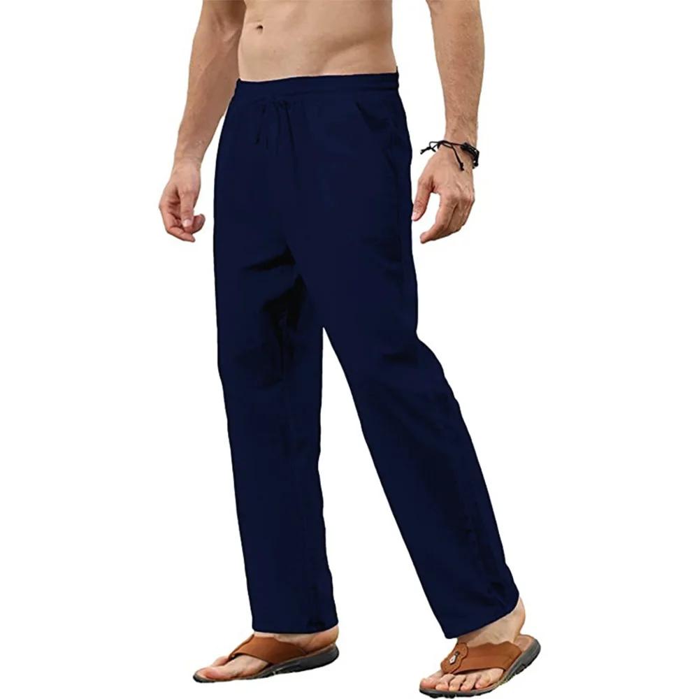 Pantalon en coton et lin pour hommes, ample, décontracté, respirant, couleur unie, cordon de serrage