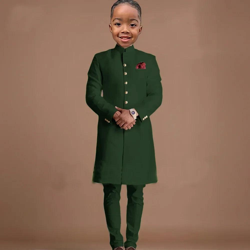 Costumes longs pour garçon, 2 pièces, veste formelle avec pantalon pour mariage, col montant, tenues