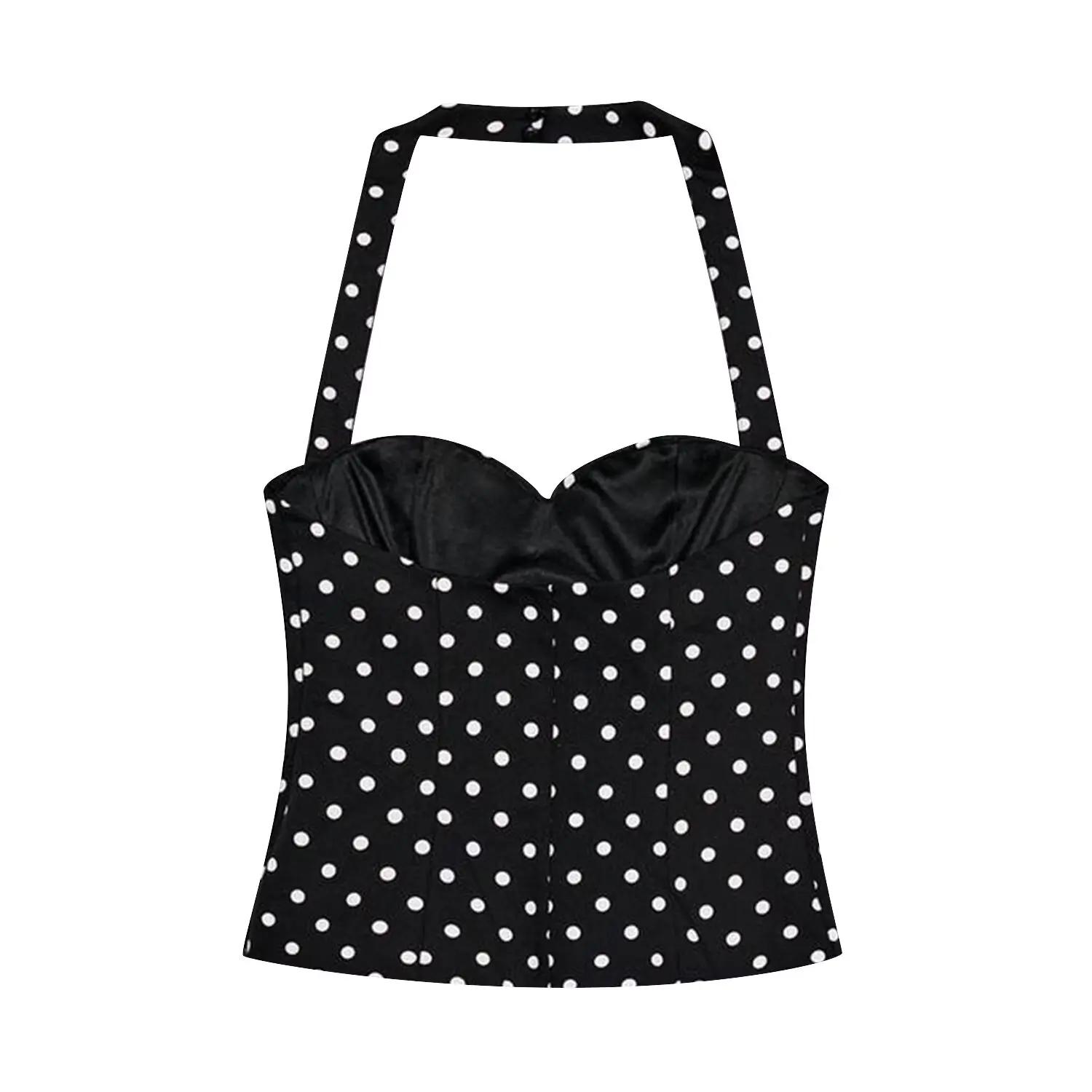 KONDALA Sexy Y2K Girl Halter Tops Corset Slim Polka Dot Print Short Tops Fashion 2026 Spring Summer 