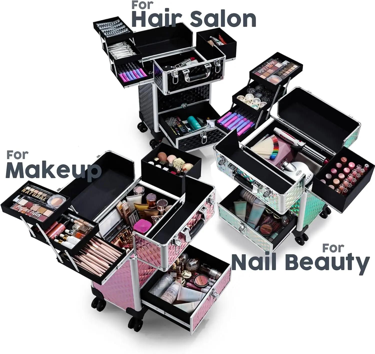 Trolley de Maquillage Roulant avec Tiroirs Coulissants et 4 Plateaux – Valise de Voyage pour Cosméti