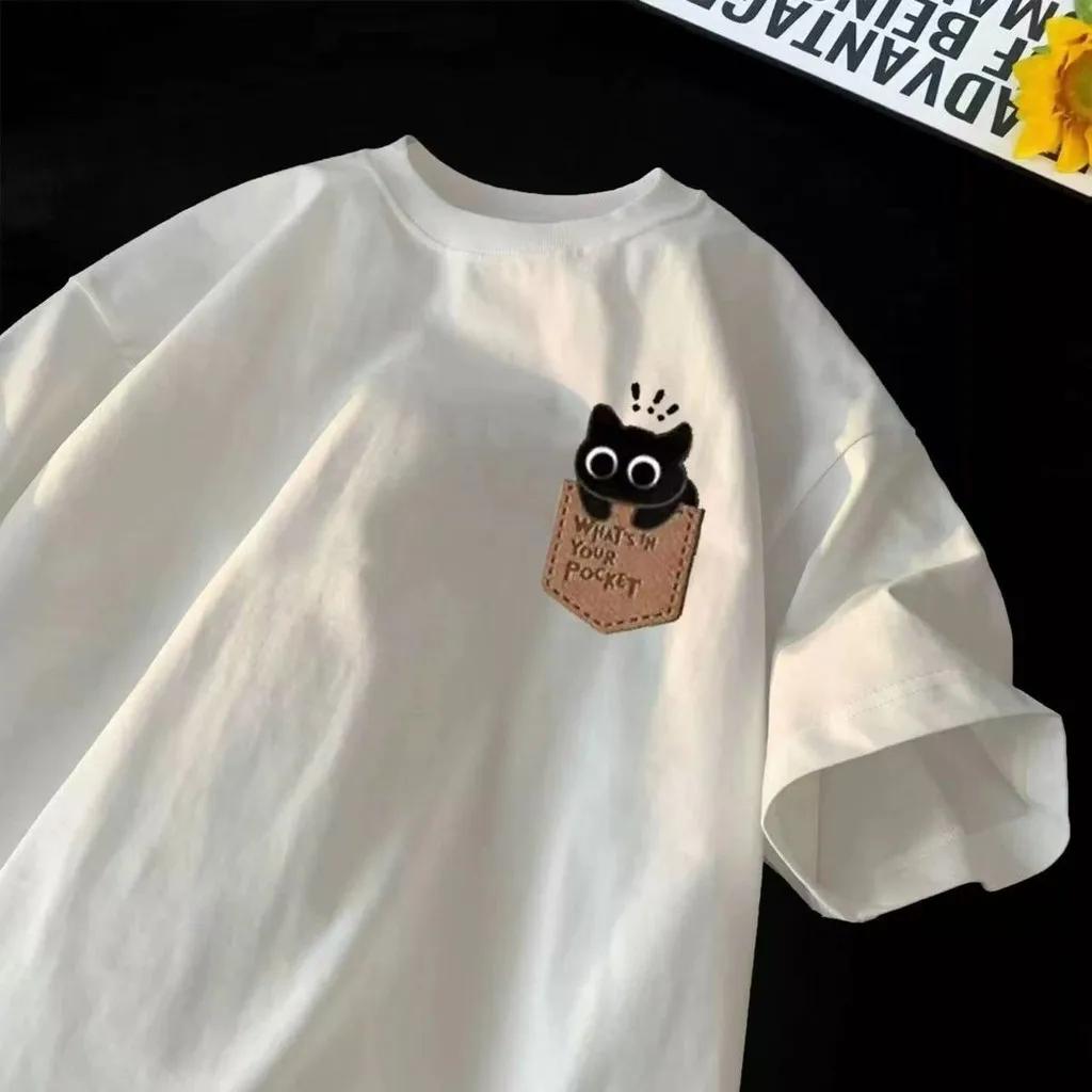 T-shirt décontracté à manches courtes style japonais-coréen, coupe ample, pour couple, motif dessin 