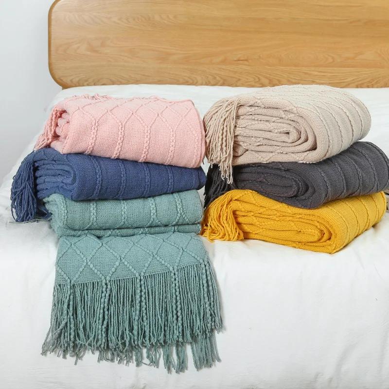 Couvertures tricotées nordiques avec glands, kaki crème gris, couvertures Vintage de luxe pour lit, 