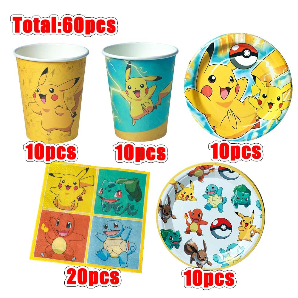Vaisselle Pokemon Pikachu, 60 pièces, décoration d'anniversaire, gobelets jetables, assiettes, servi
