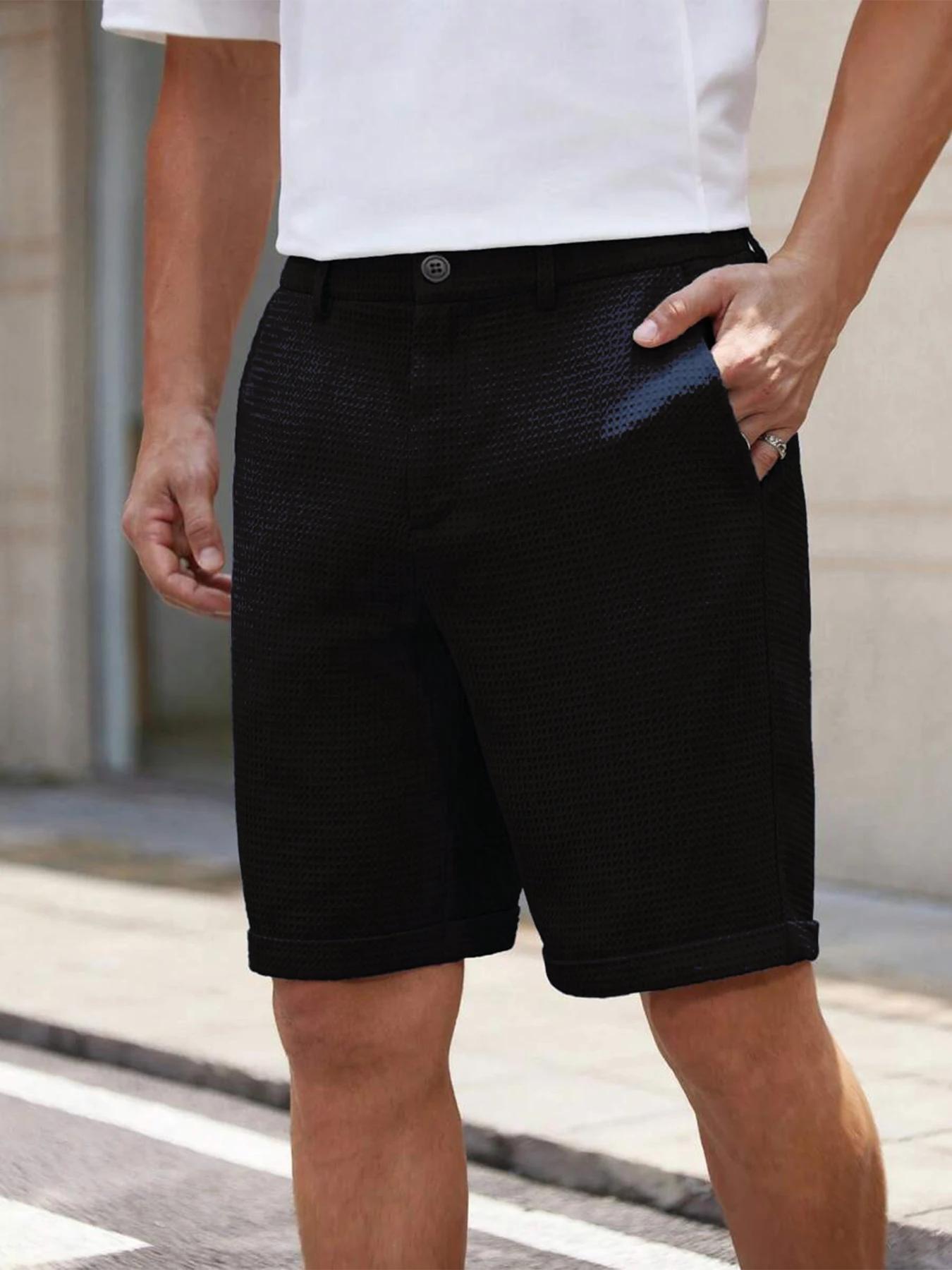 Shorts pour hommes à texture gaufrée, coupe slim, couleur unie, taille à boutons, décontractés d'été
