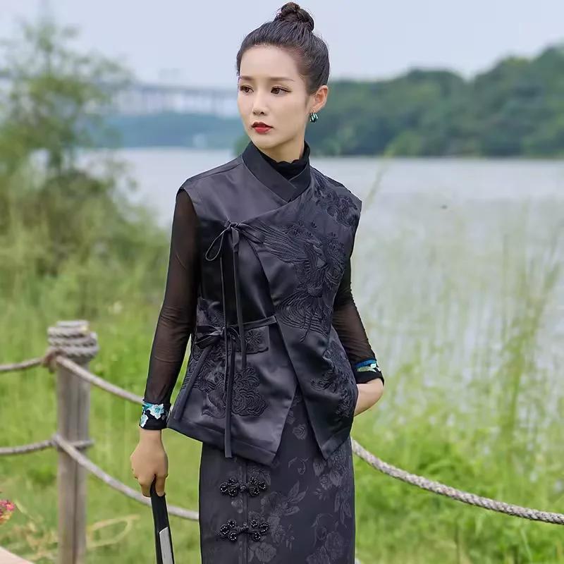 Gilet d'extérieur Vintage de Style chinois, grue blanche/fleurs, gilets à laçage brodés, vêtements é