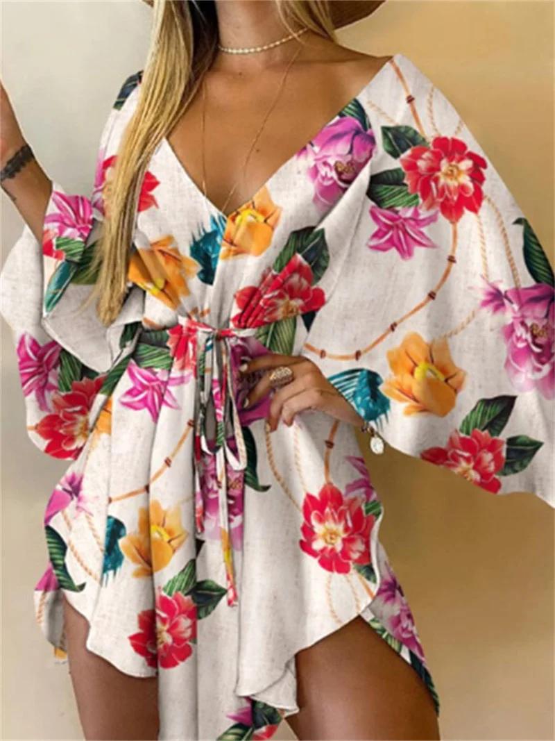 Femmes robe imprimée Sexy col en v manches chauve-souris volants fleurs imprimer bohème plage robe d
