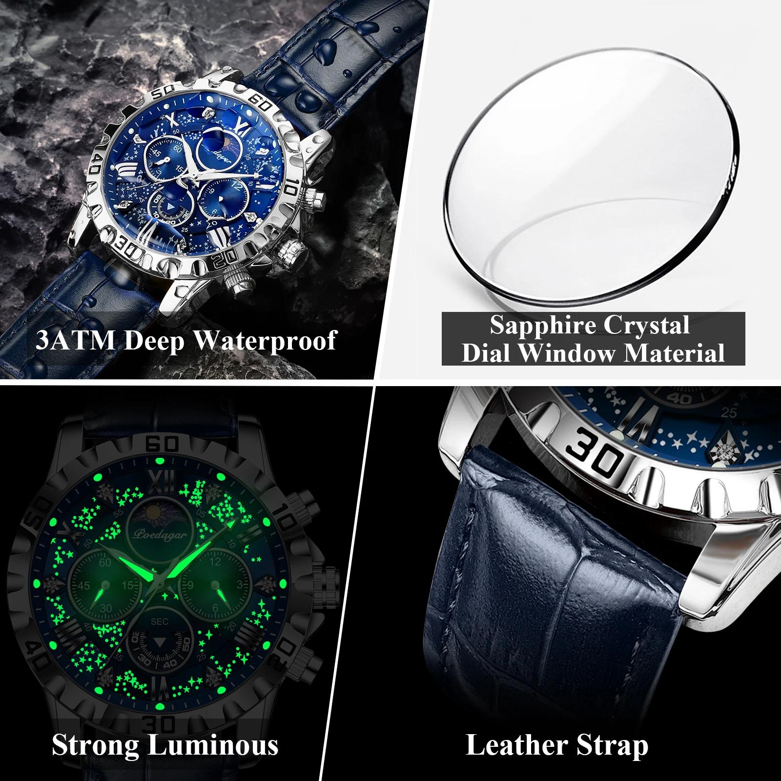 POEDAGAR luxe mode homme montre étanche lumineux chronographe montres en cuir pour hommes sport en p