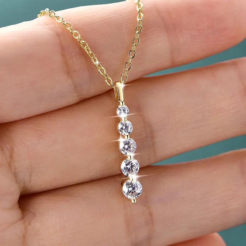 Lnngy – collier brillant en Moissanite à 5 pierres, collier à pendentif long en or rempli de 14 cara