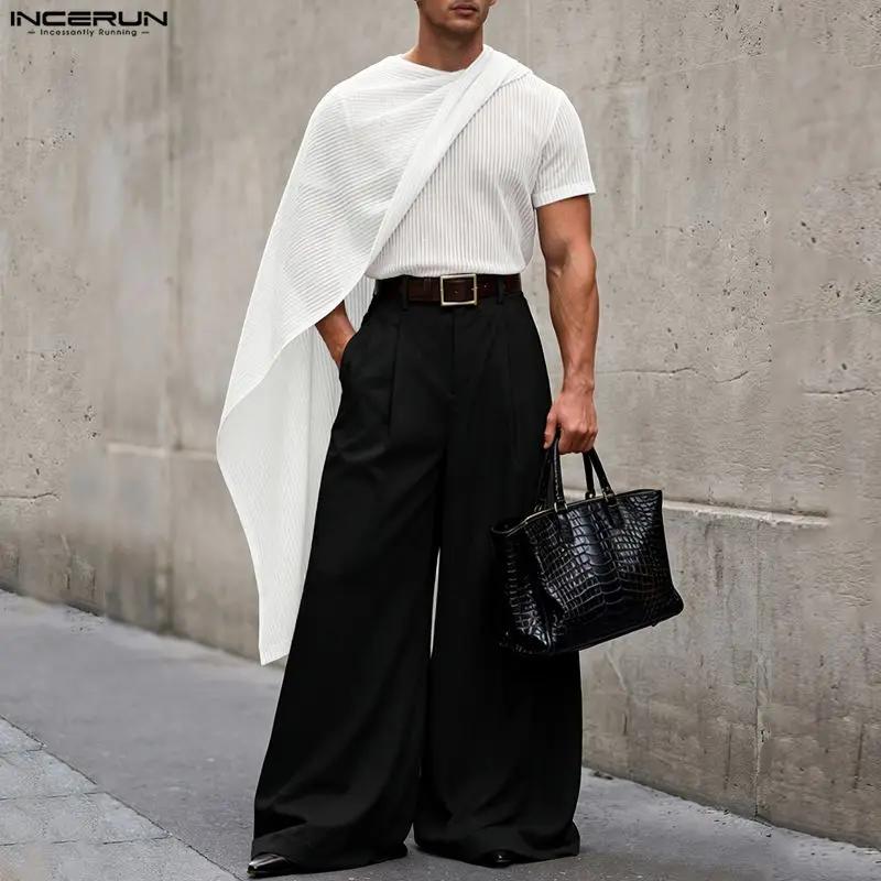 INCERUN T-shirts irréguliers pour hommes, rayés, en maille unie transparente, hauts pour hommes, châ