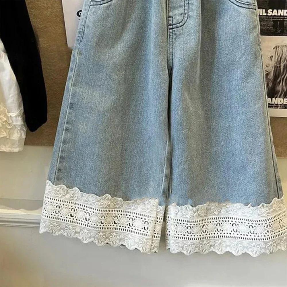 Jeans bleus été version coréenne enfants 2-7 ans - Pantalon décontracté fille dentelle nouvelle collection