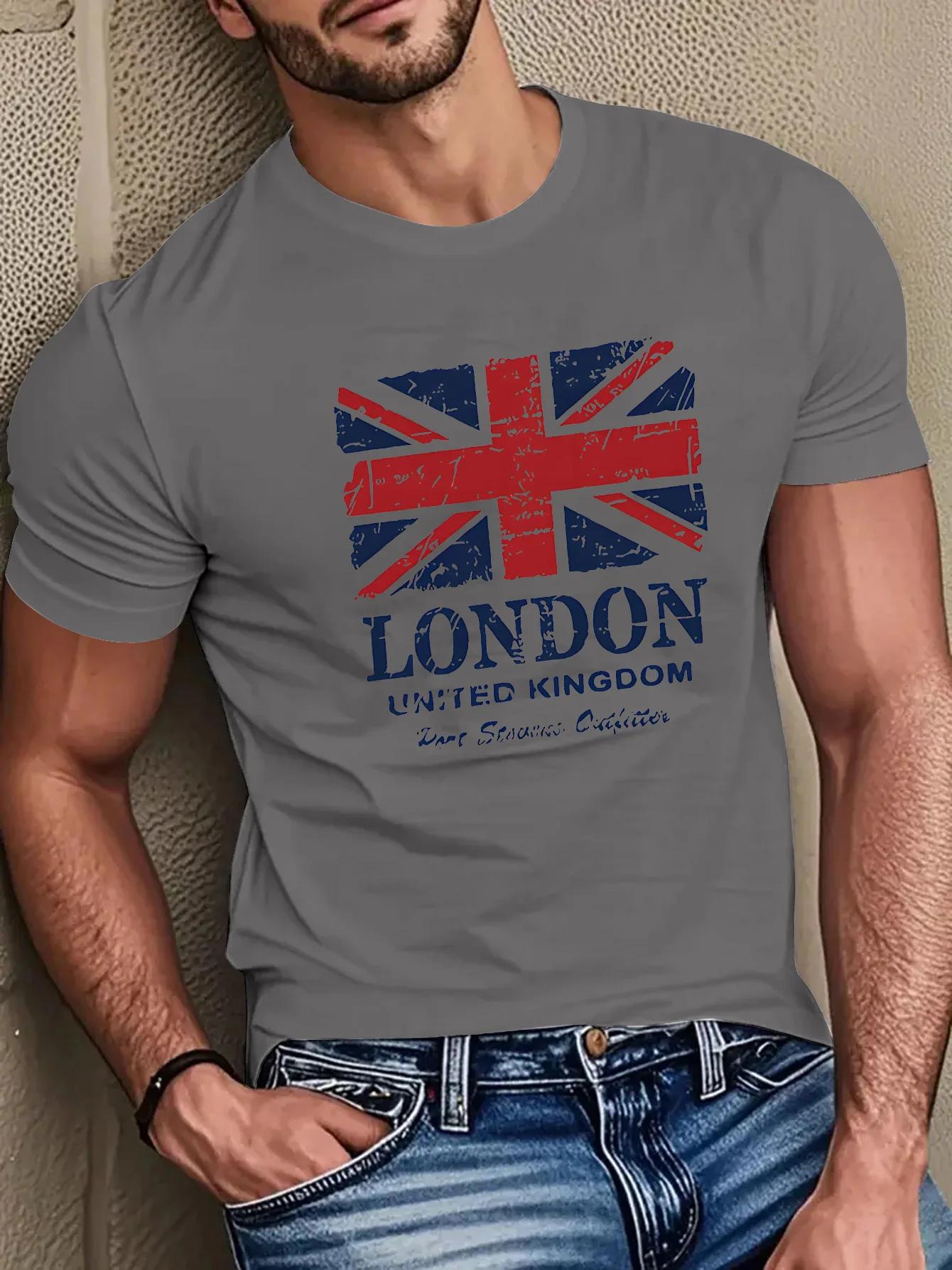 T-shirt à manches courtes pour hommes, 100% pur coton, imprimé drapeau britannique et monuments de L