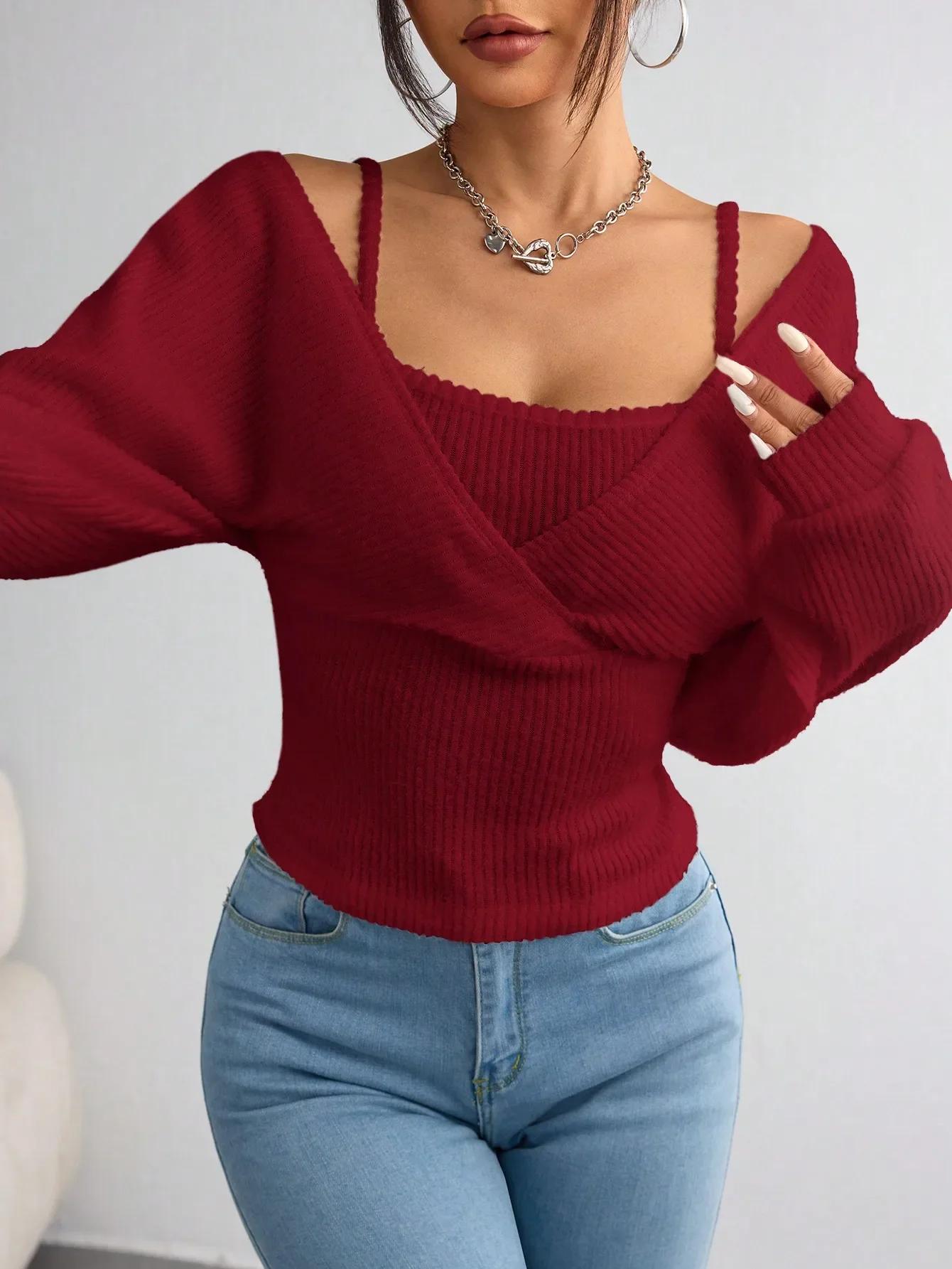 T-shirt à capuche à manches longues pour femmes, décontracté, couleur unie, tricoté, coupe régulière