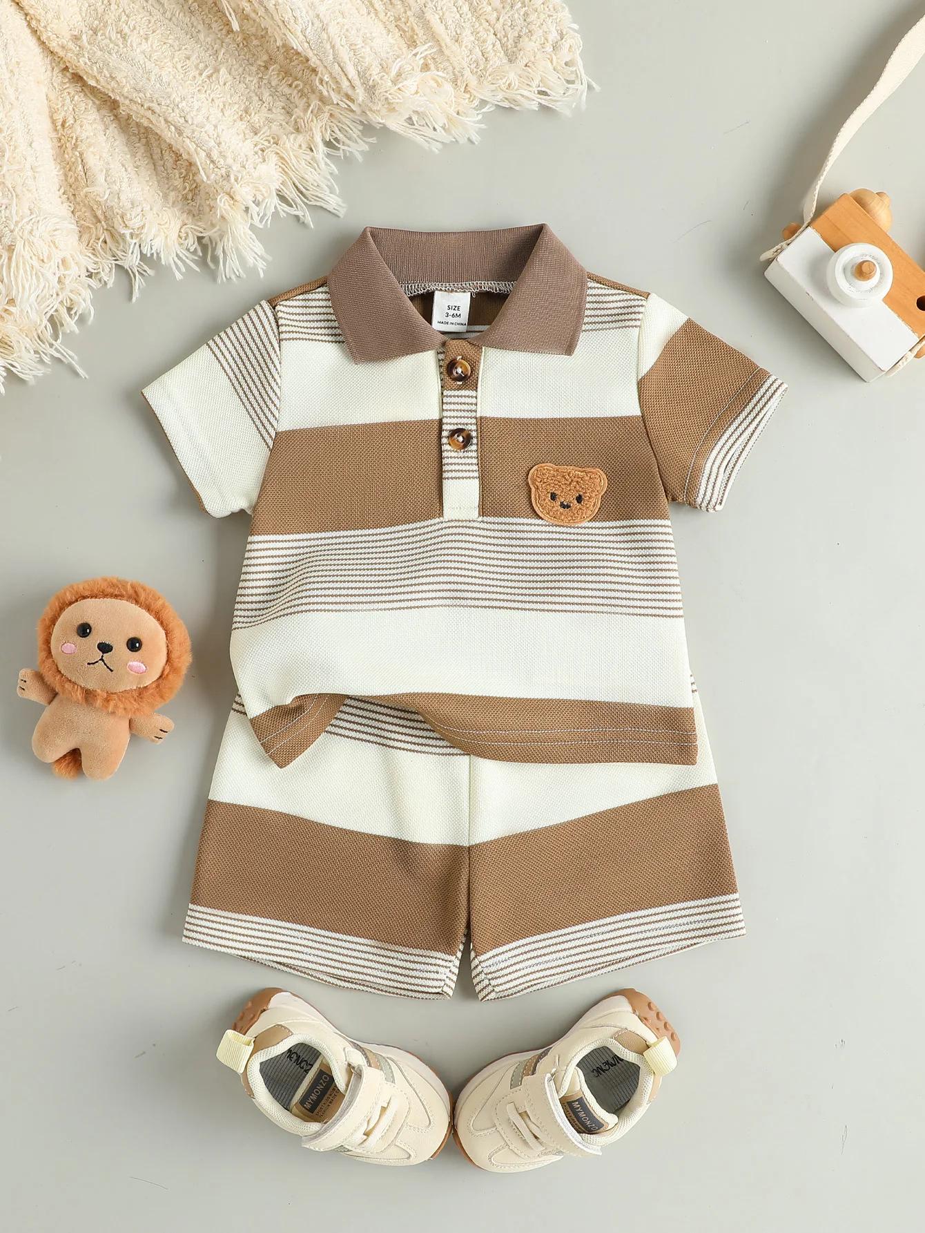 Ensemble deux pièces pour enfants, T-Shirt et Short courts à rayures régulières, ours en peluche, Sp