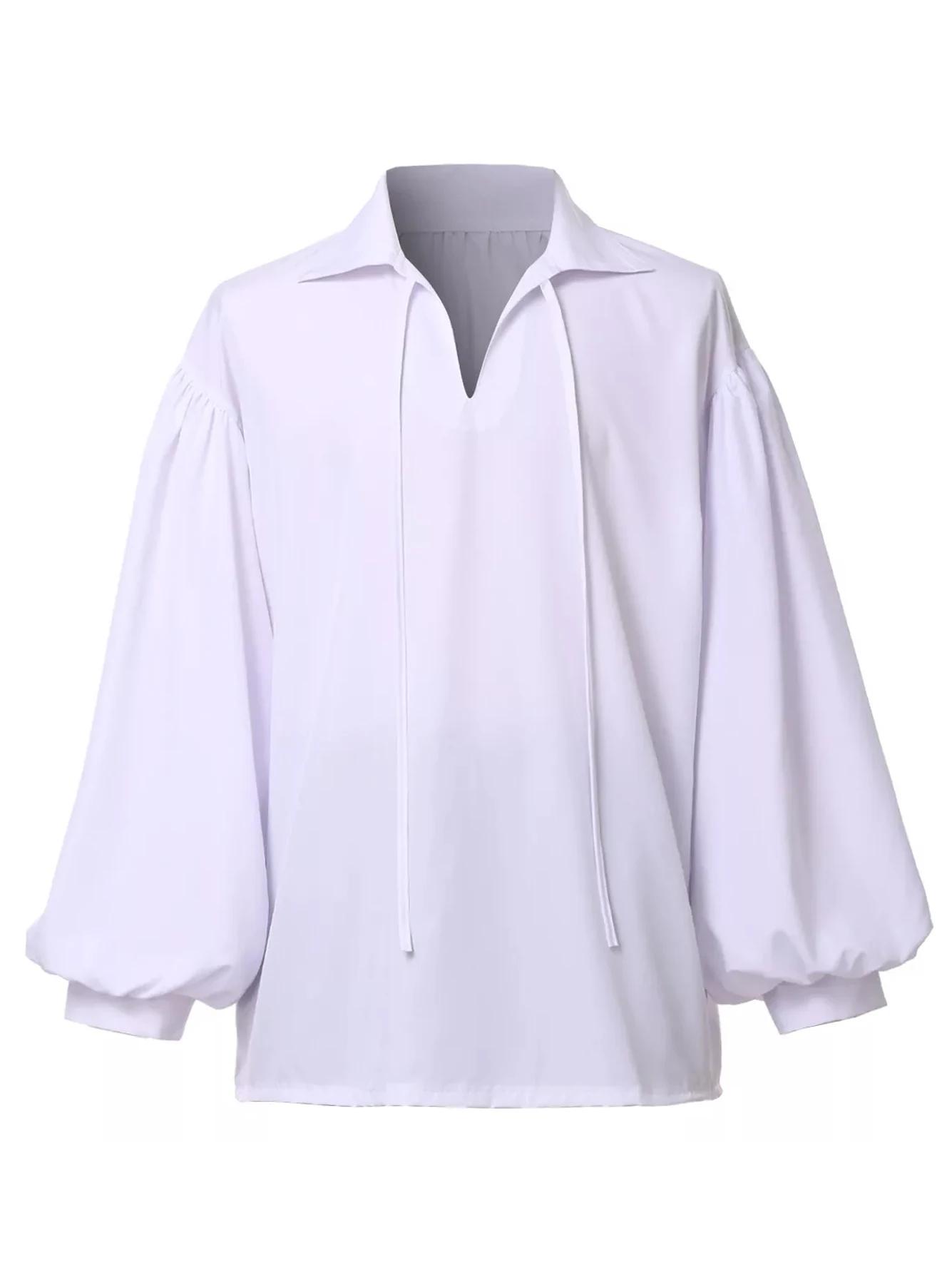 Chemise pirate rétro médiévale à col en V pour hommes – Beige, coupe ample avec manches tombantes, h