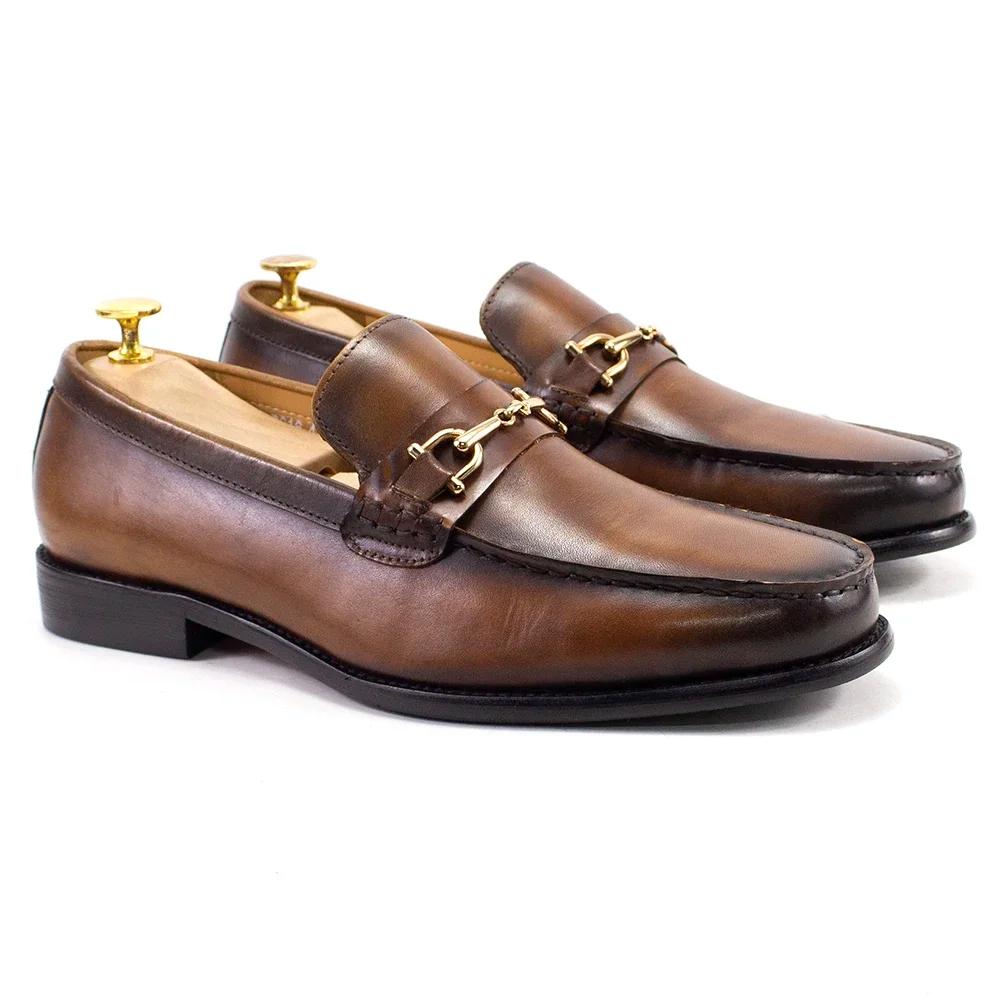 Mocassins en métal de style italien classique pour hommes, cuir véritable, chaussures provoqué à enf