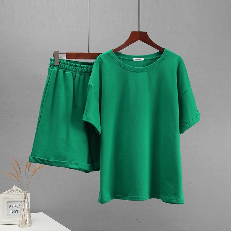 Hirsionsan-Ensemble deux pièces en coton pour femme, t-shirt à manches courtes et pantalon court tai