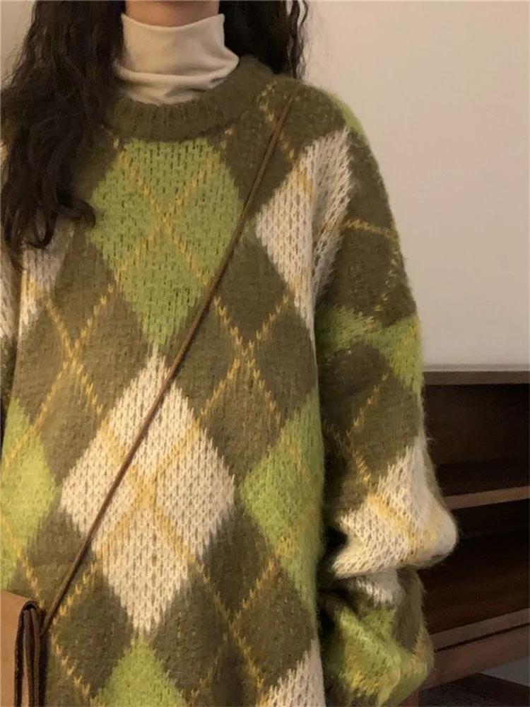 Pull Baggy Rétro Vert pour Femme, Vêtement Confortable et Minimaliste, Style BF, Argyle, Décontracté