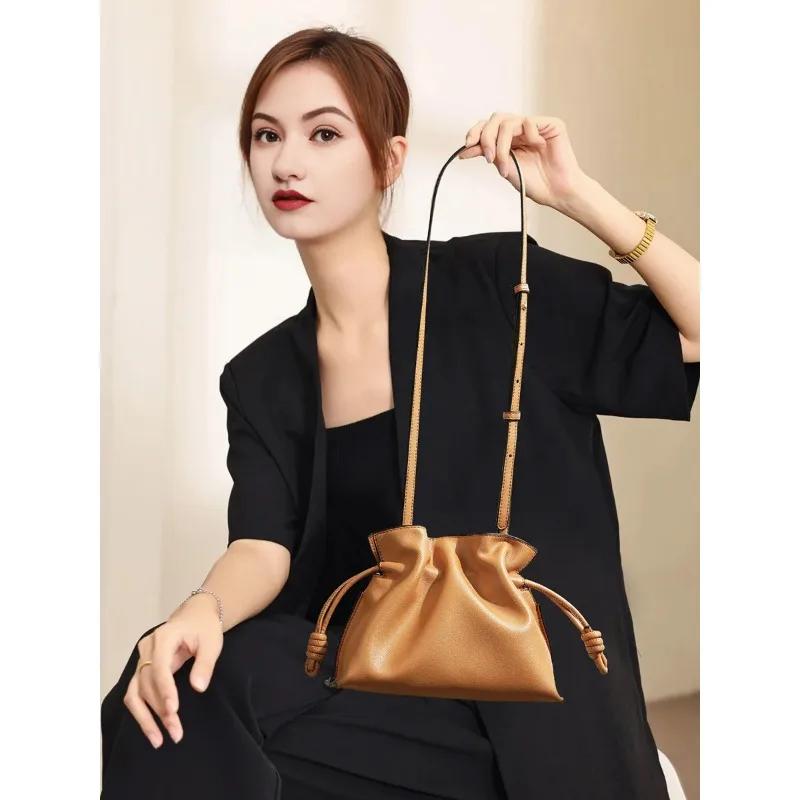 Sac classique en cuir véritable pour femmes, sac à main en cuir de vache, sac à bandoulière à cordon
