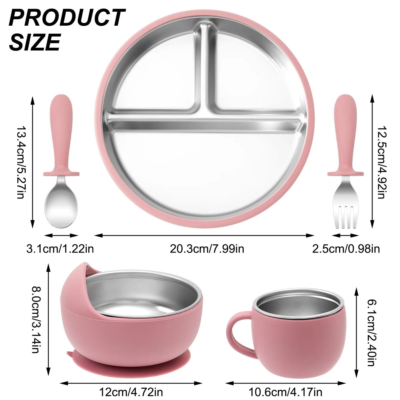 Couleur enfants 5 pièces ensemble d'alimentation pour bébé en acier inoxydable vaisselle en Silicone