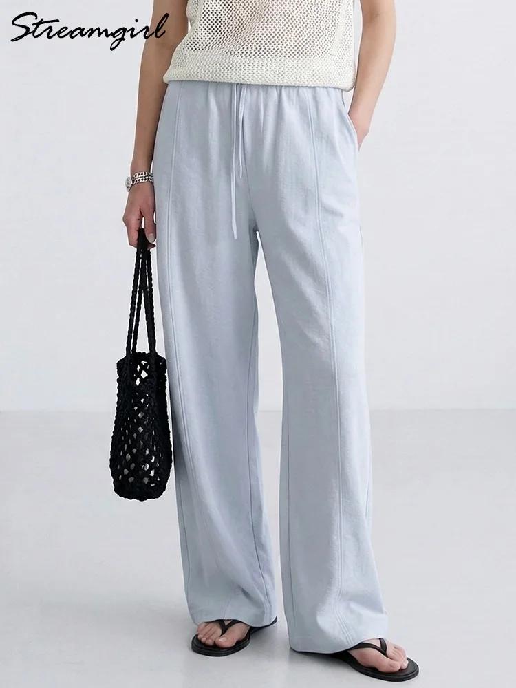 Pantalon d'été en coton pour femmes, coupe large, bleu, avec bande élastique, jambe droite, blanc, a