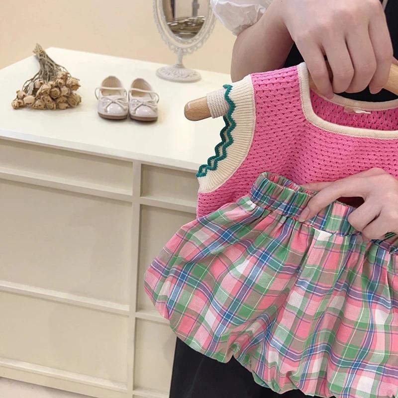 Ensembles de vêtements pour filles, ensemble d'été coréen rose tricoté fin pour filles, gilet ajouré