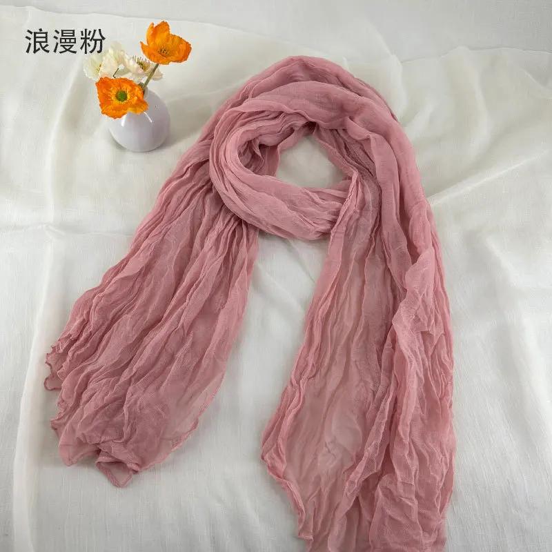 Foulards en coton et lin doux et respirant pour femmes, écharpe plissée de couleur unie, Style bohèm