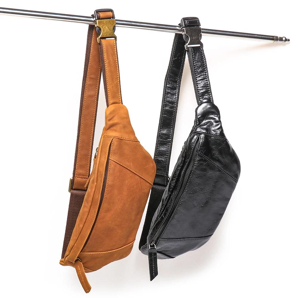 Sac banane en cuir Crazy Horse pour homme, sacoche de poitrine en cuir véritable, pochette de téléph