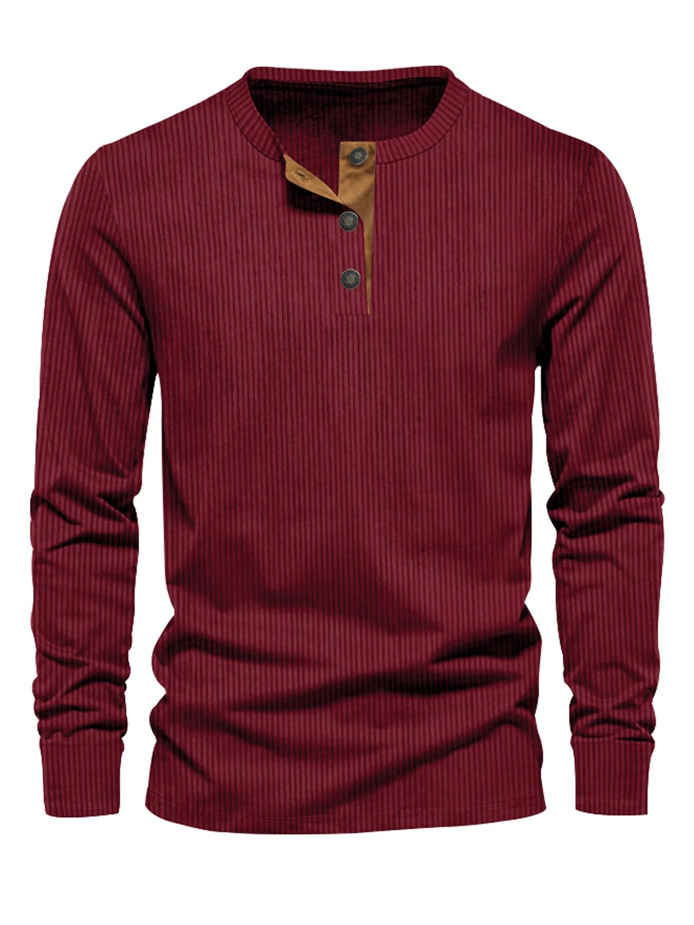 Nouveau T-shirt décontracté en velours côtelé pour homme, coupe slim, couleur unie, manches longues,